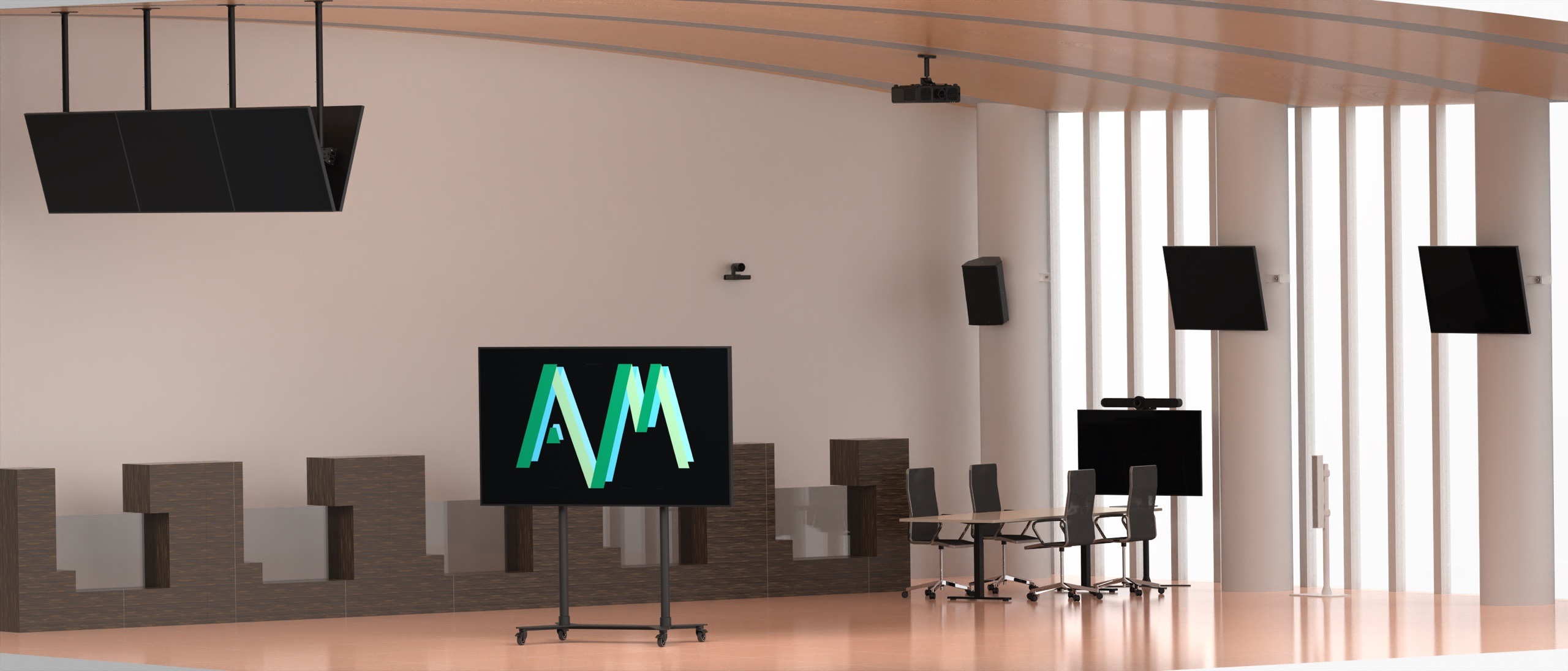 Konferenzraum mit AVM Technik Halterungen für Displays, Projektor, Lautsprecher und Kamera